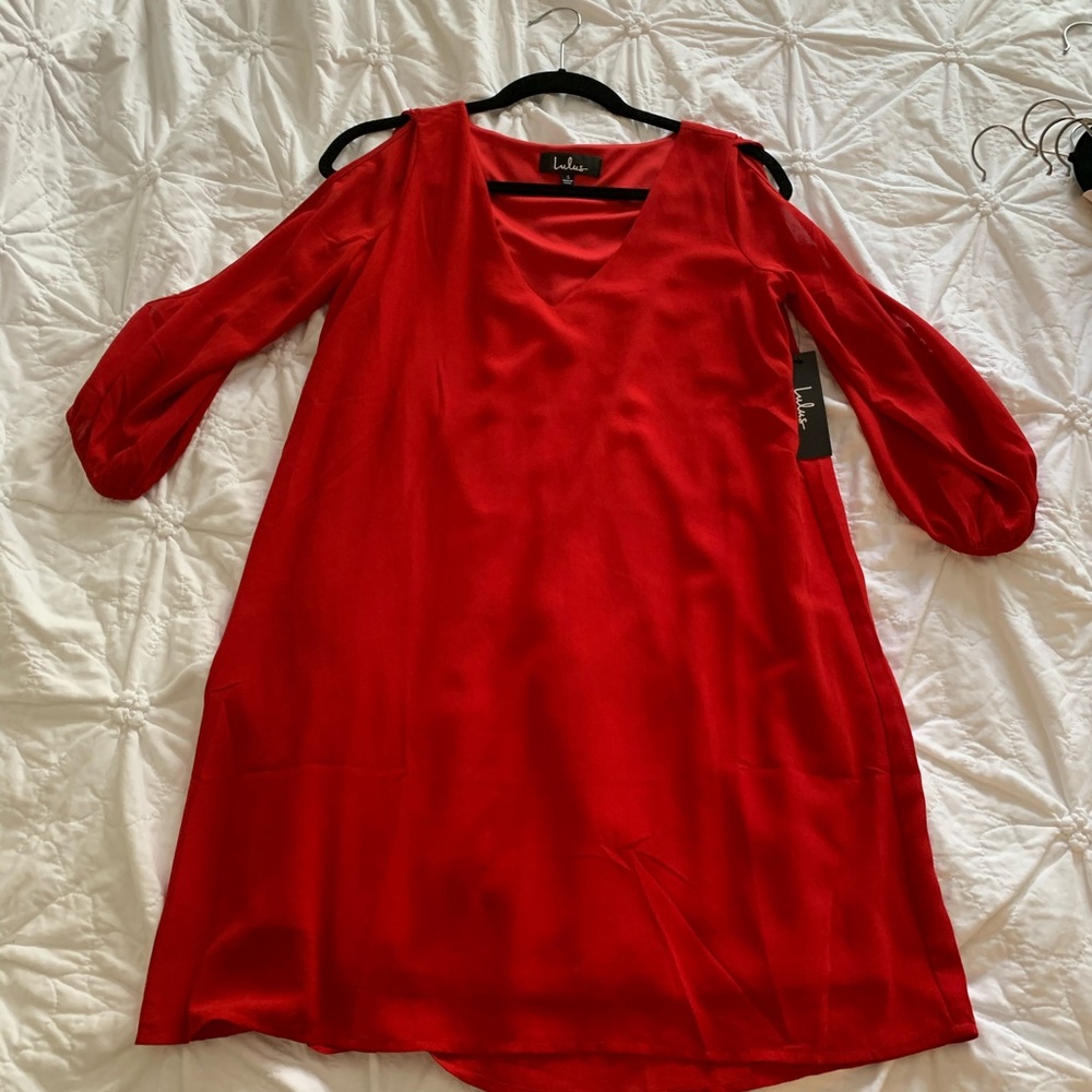 Red long sleeve shift dress